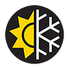 Circular icon of half yellow sun on left, half white snowflake on right on a black background