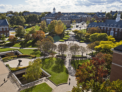 Aerial of campus overlooking Hornback Plaza